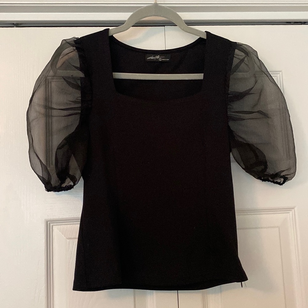 Vici Collection- On Twelfth black mesh puff sleeve top